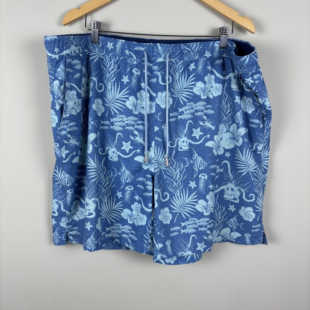 Peter Millar Swim Trunks Mens XXL Seaside Blue Floral Skulls Fish Mesh Lined 2XL